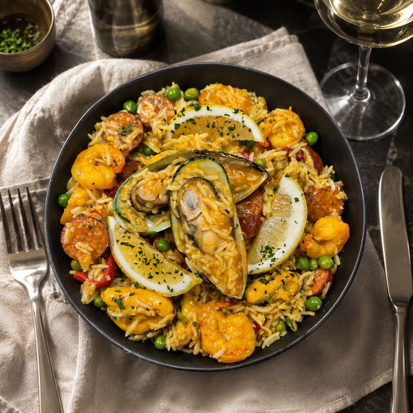 Bowl of seafood paella with golden rice from The Family Kitchen NZ