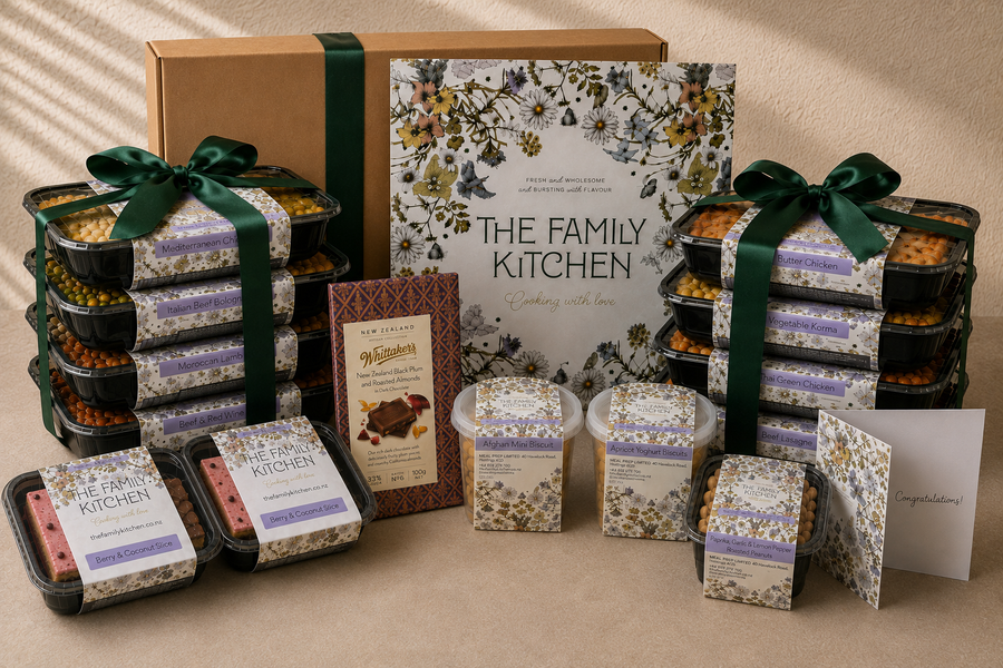 What arrives in a celebration gift box? Celebration meal gifts with chef-made meals, treats and a personal card