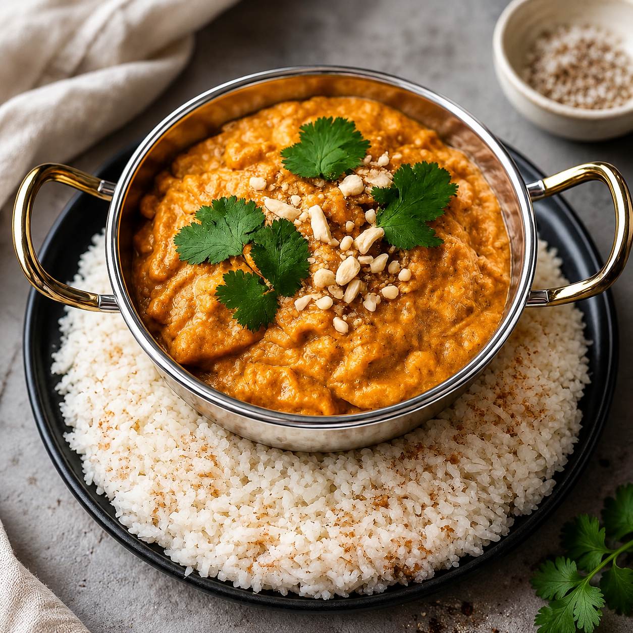 Bowl of creamy butter chicken with rice from The Family Kitchen NZ