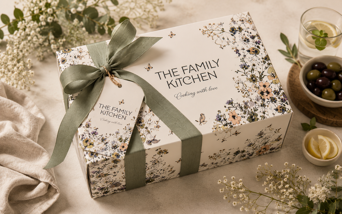 New parent meal gift box of chef-made frozen dinners with a personal message card
