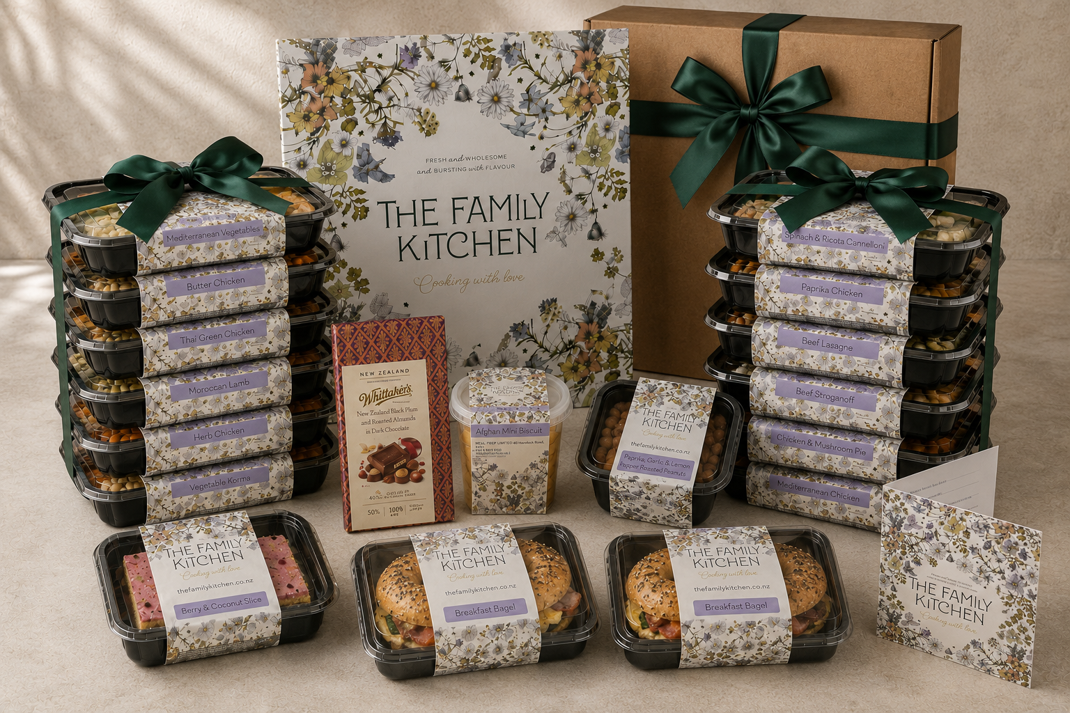 The Family Kitchen Full Recovery Box with fourteen chef-made meals, two desserts, two Breakfast Bagels, Whittaker's chocolate, roasted peanuts and a premium card.