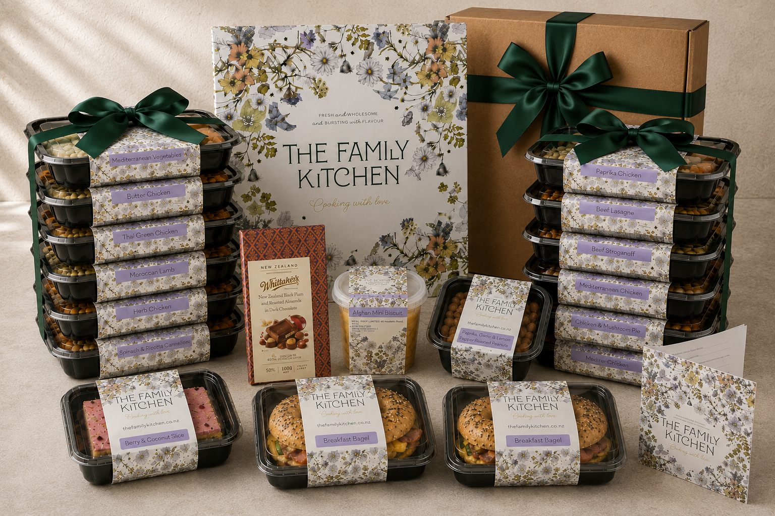The Family Kitchen Full Support Box with thirteen adult meal portions, two desserts, two Breakfast Bagels, Whittaker's chocolate, roasted peanuts and a premium card.
