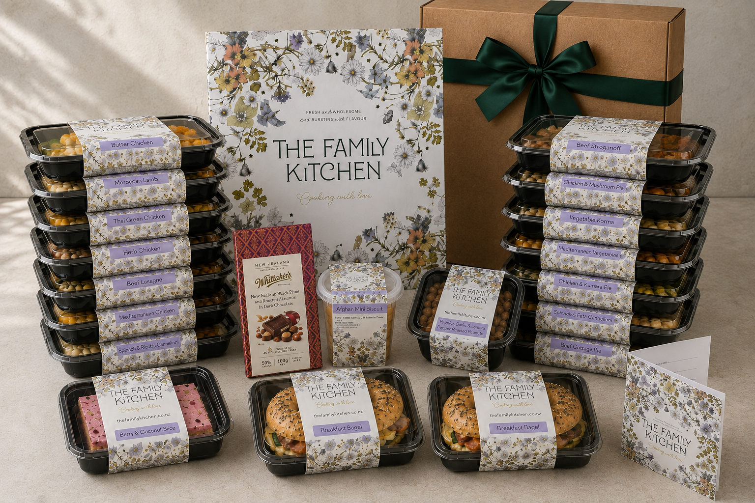 The Family Kitchen Sympathy Family Box with sixteen adult meal portions, two desserts, two Breakfast Bagels, Whittaker's chocolate, roasted peanuts and a premium card.
