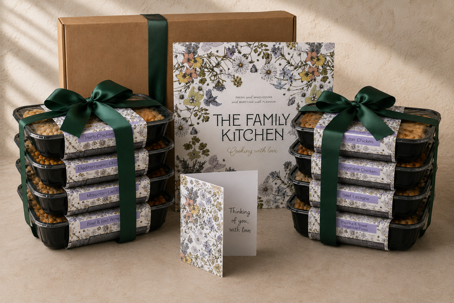 The Family Kitchen Thinking of You gift with ten chef-made gourmet meals and a handwritten botanical card.