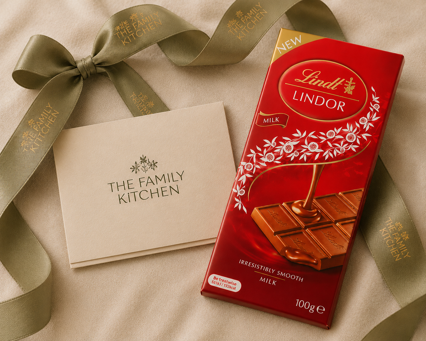Lindt Lindor milk chocolate slab with The Family Kitchen card